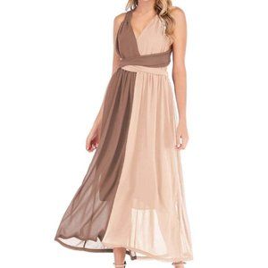 NWOT Blush/Tan Wrap Open Back Chiffon Maxi Dress.